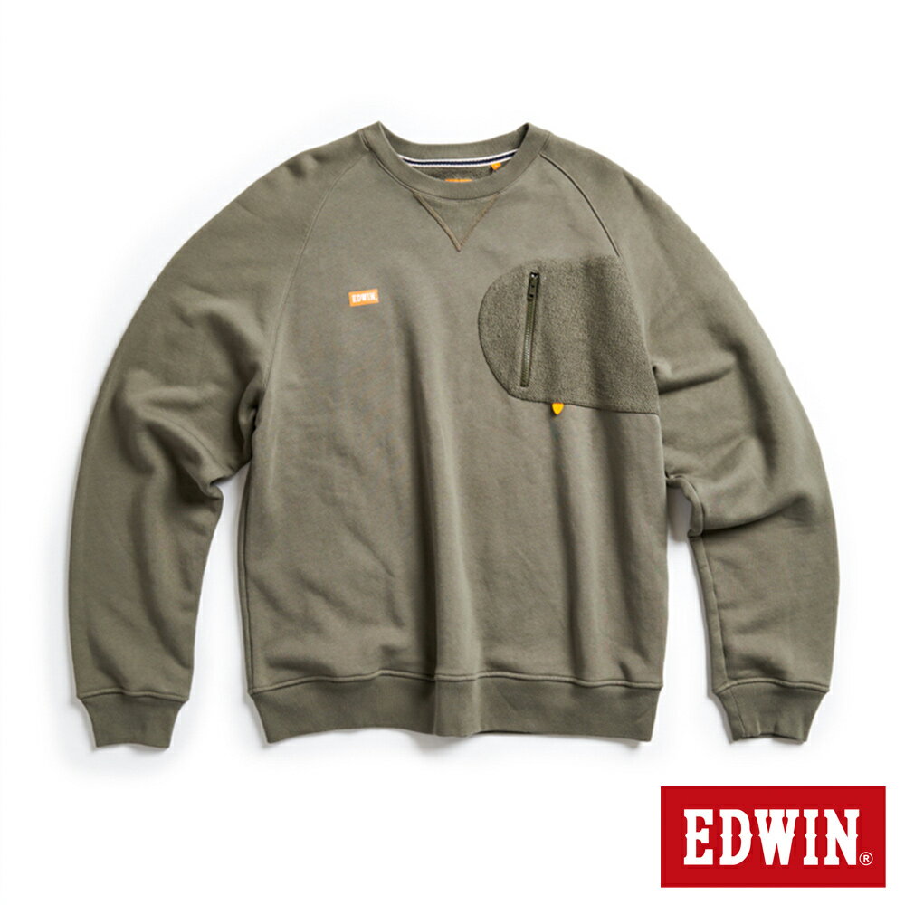 EDWIN 橘標 拉鍊小口袋厚長袖T恤-男款 橄欖綠 #丹寧服飾特惠
