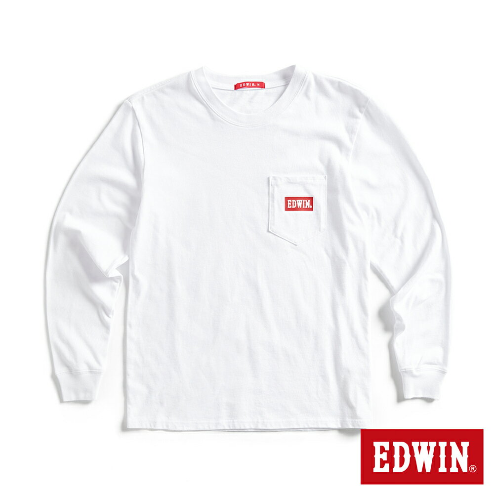 EDWIN 口袋BOX LOGO長袖T恤-男裝 白色 #丹寧服飾特惠