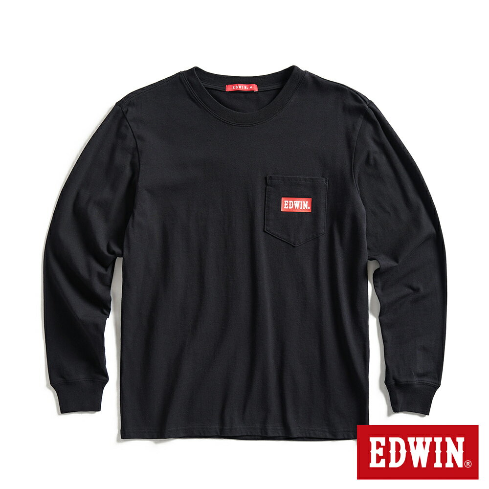 EDWIN 口袋BOX LOGO長袖T恤-男裝 黑色