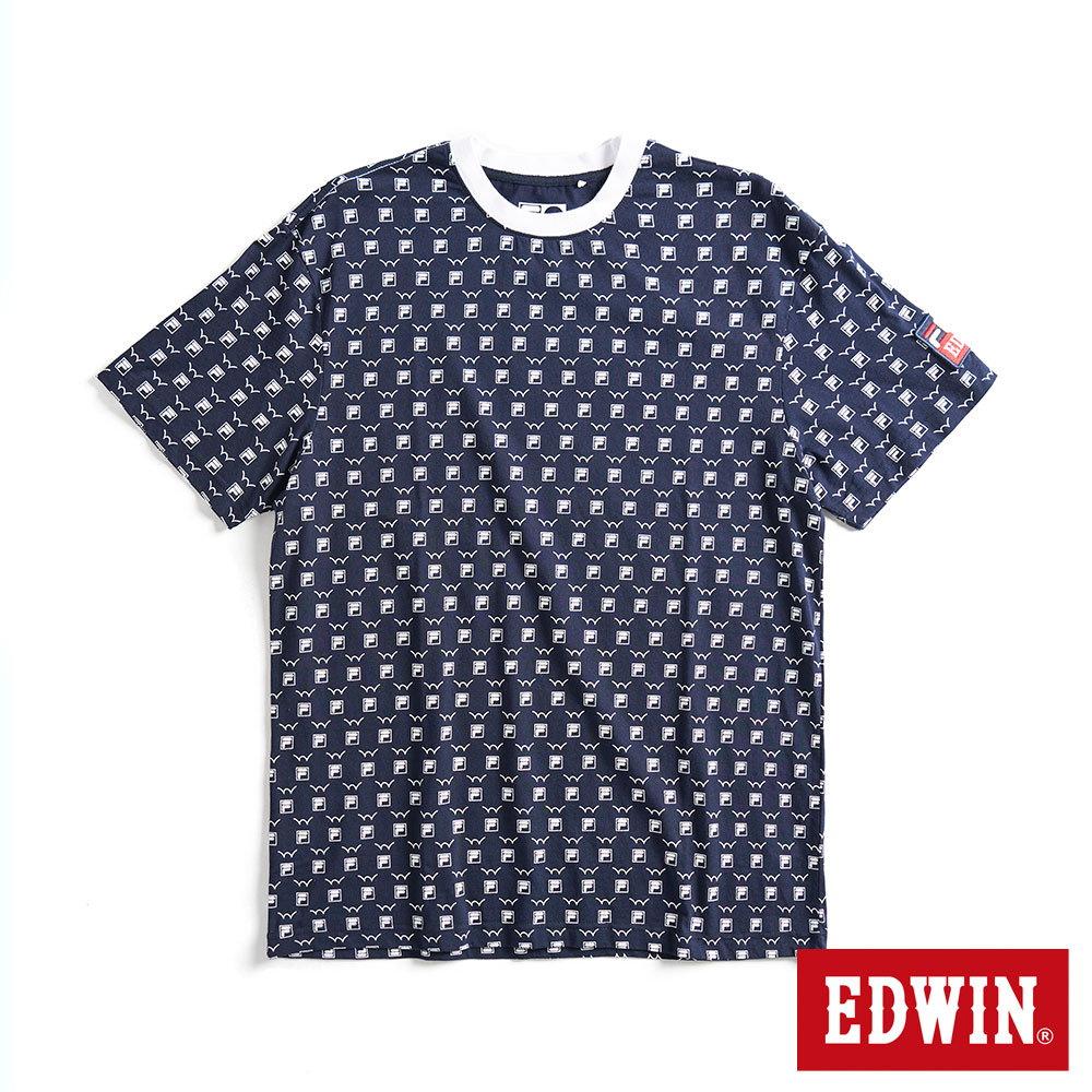 EDWIN x FILA 聯名系列 經典主義滿版聯名LOGO印花短袖T恤-男女款 丈青色