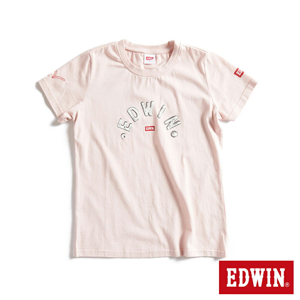 EDWIN 紅標金屬字LOGO短袖T恤-女款 淡粉紅
