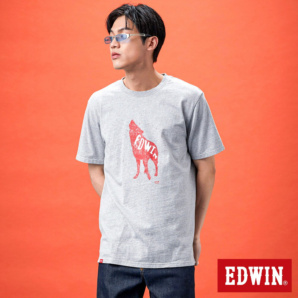網路獨家款↘EDWIN 狼嚎EDWIN短袖T恤-男女款 麻灰色 #丹寧服飾特惠