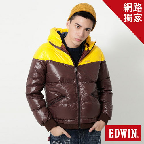 EDWIN 雙色剪接連帽 羽絨外套-男款 黃色