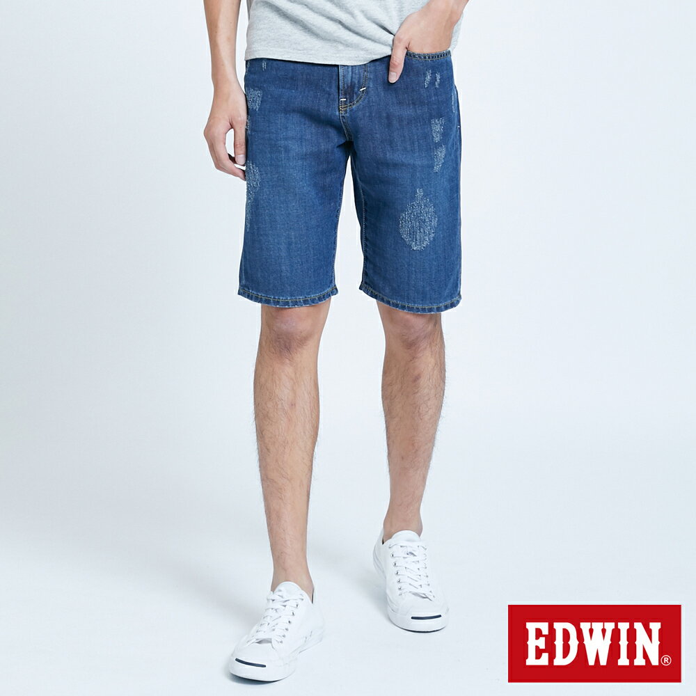 EDWIN 503 基本五袋式 微刷破牛仔短褲-男款 石洗藍 SHORTS #暖身慶