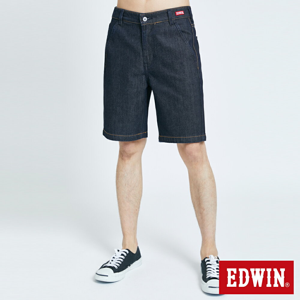 EDWIN 男款 斜袋LOGO牛仔短褲 (原藍磨)