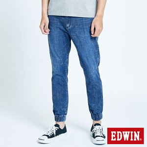 EDWIN 輕柔五袋式 伸縮束口牛仔褲-男女款 中古藍 JOGGER
