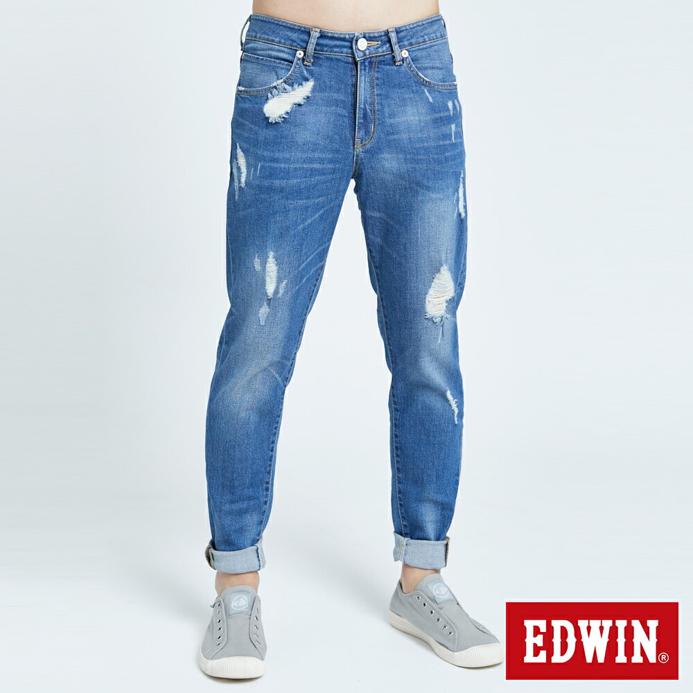 EDWIN 503 BASIC 加大碼 五袋修身牛仔AB刷破褲-男款 石洗藍 TAPERED