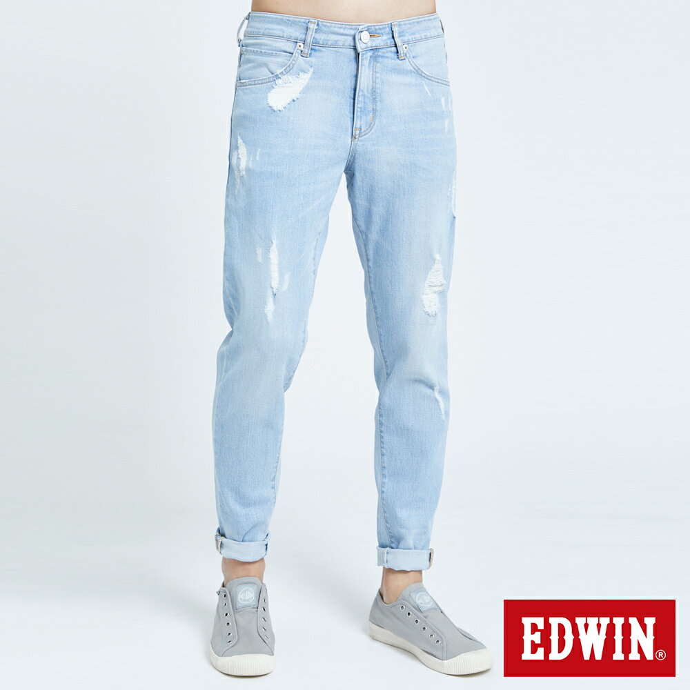 EDWIN 503 BASIC 加大碼 五袋修身牛仔AB刷破褲-男款 漂淺藍 TAPERED