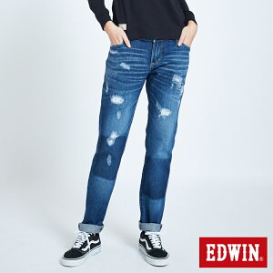 EDWIN B.T刷破女窄直筒牛仔褲-女款 石洗藍 #夏日沁涼衣著