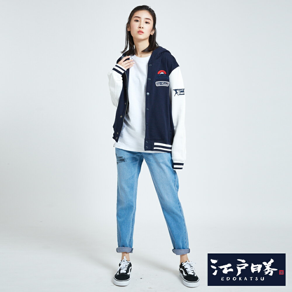 EDOKATSU 江戶勝 針織連帽棒球外套-男女款 丈青 7