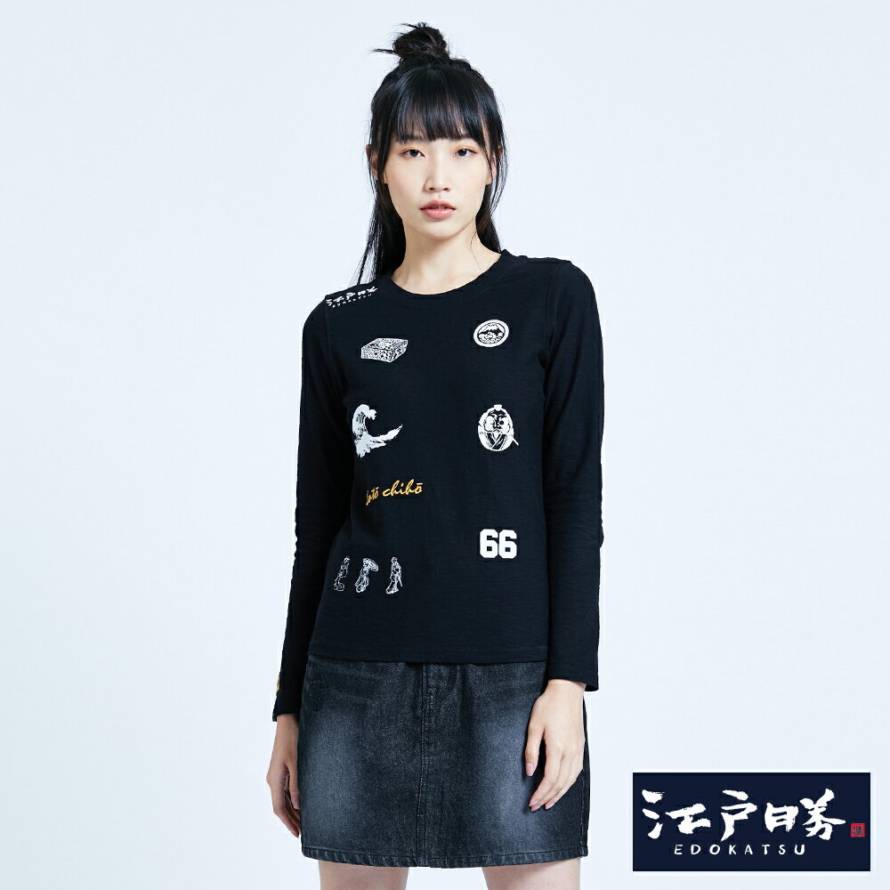 EDOKATSU江戶勝 黑潮系列 潮流多圖 薄長袖T恤-女款 黑色