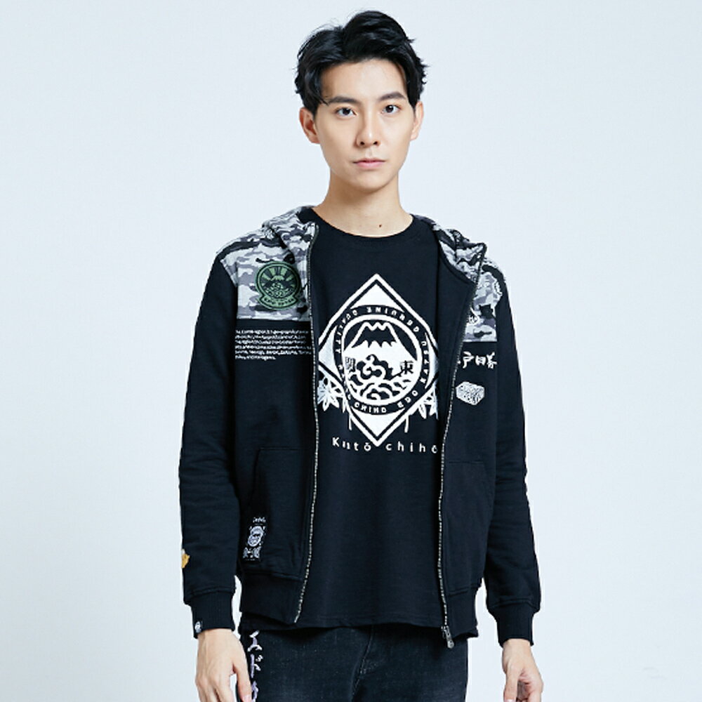 EDOKATSU江戶勝 剪接迷彩連帽外套-男款 黑色