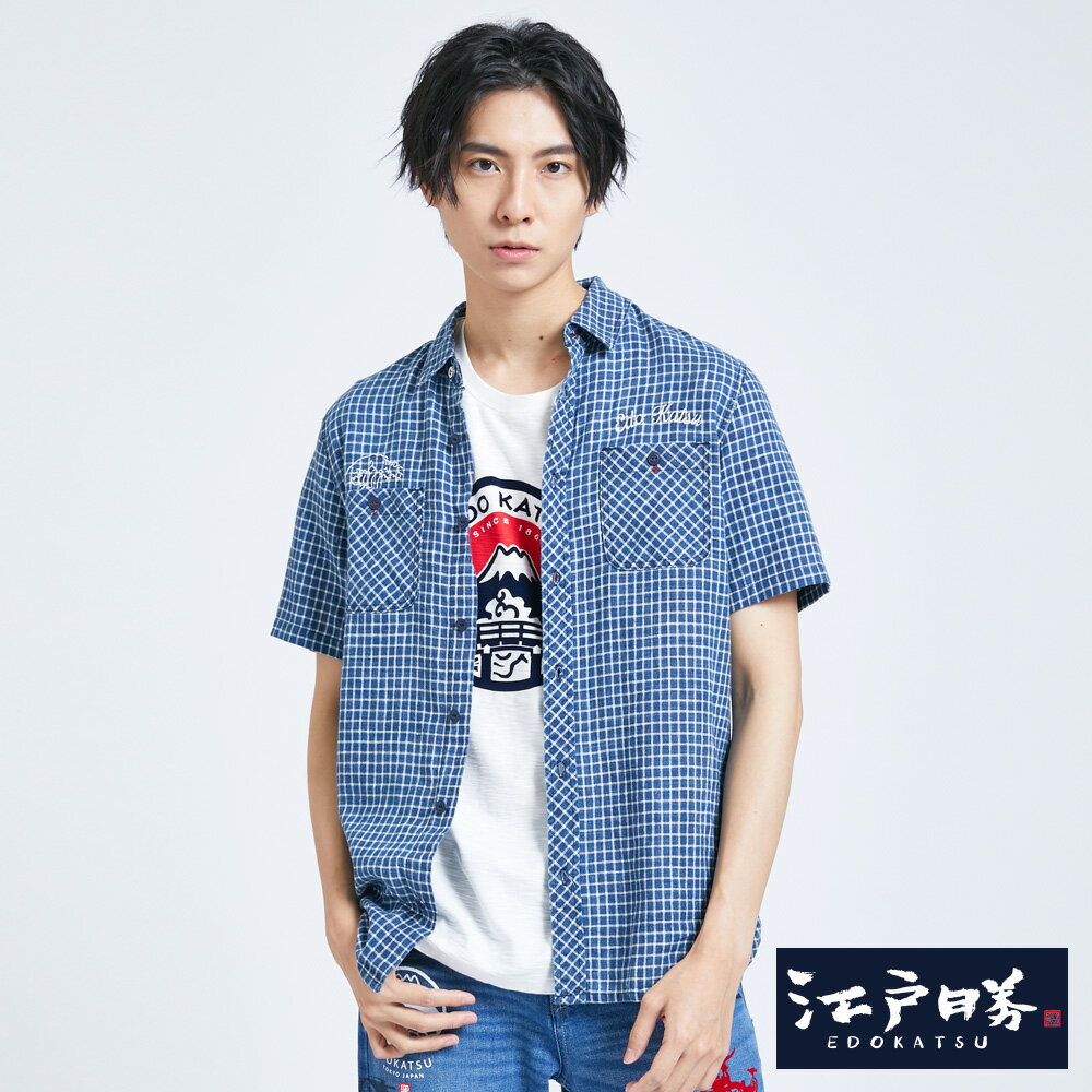 EDOKATSU 江戶勝 男款 海浪格紋短袖襯衫 (丈青色)