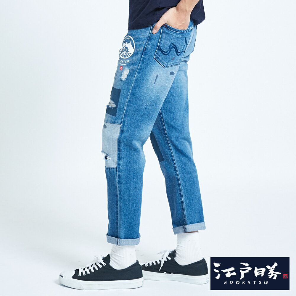 EDOKATSU江戶勝 色塊拼接AB牛仔褲-男女款 拔洗藍 TAPERED 2