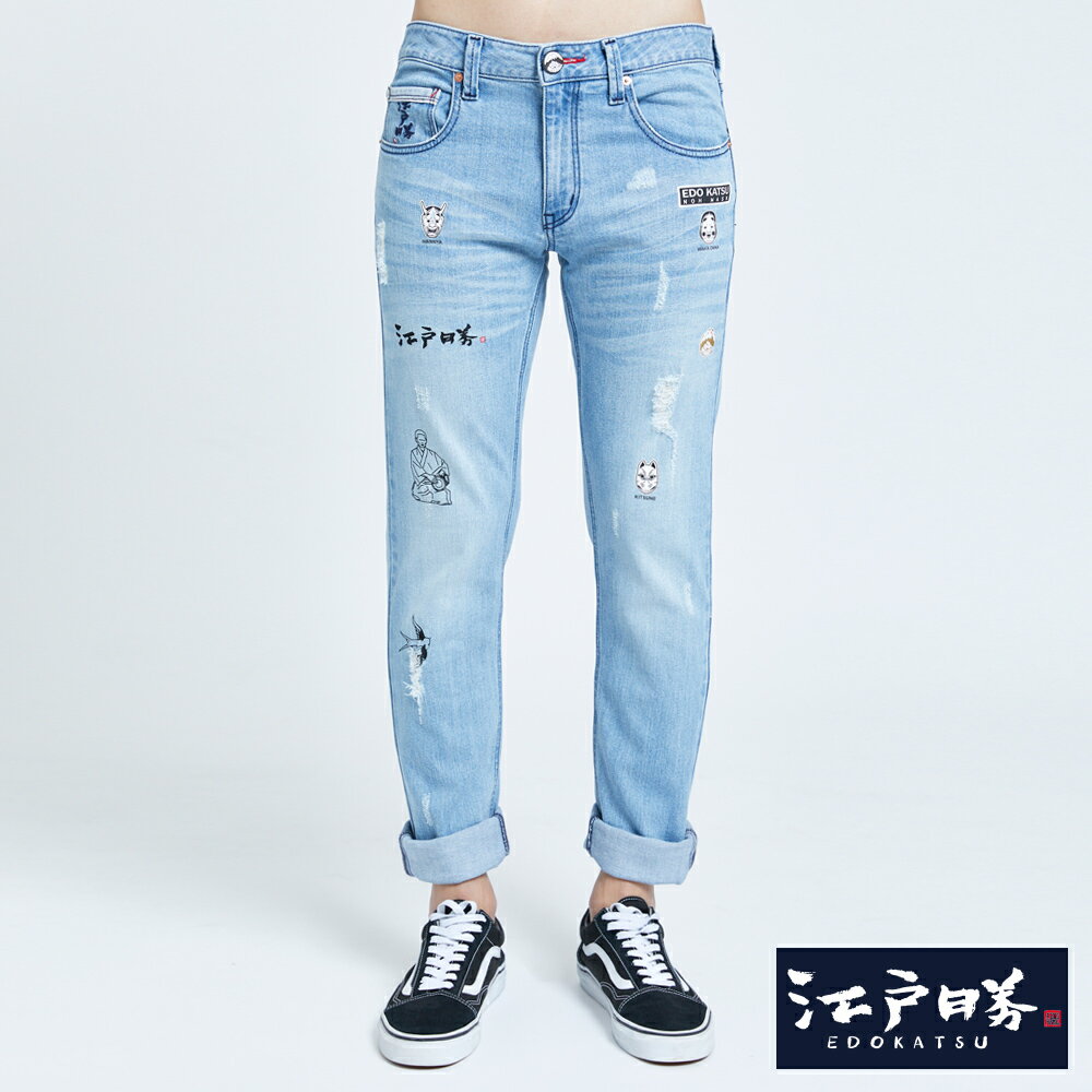 EDOKATSU江戶勝 能樂印繡中直筒牛仔褲-男款 重漂藍 STRAIGHT