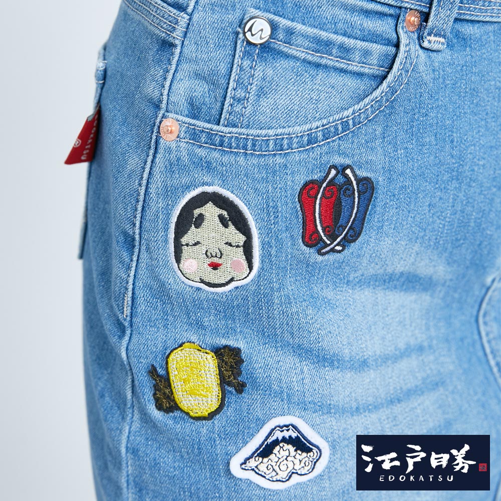 特降品↘EDOKATSU江戶勝能面貼布繡高腰牛仔短裙-女款漂淺藍 特降品↘EDOKATSU江戶勝能面貼布繡高腰牛仔短裙-女款漂淺藍