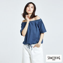 新品↘SOMETHING INDIGO一字領刺繡綁帶 短袖T恤-女款 漂淺藍