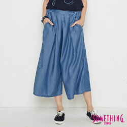 SOMETHING 鬆緊打摺 牛仔闊腿褲-女款 漂淺藍 WIDE LEG