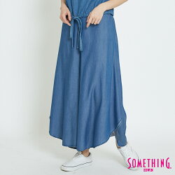 新品↘SOMETHING 特殊剪裁 牛仔闊腿褲裙-女款 漂淺藍 WIDE LEG