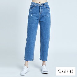 新品↘SOMETHING CELEB 褲口翻鬚 寬直筒牛仔褲 (附綁帶) -女款 中古藍 WIDE LEG