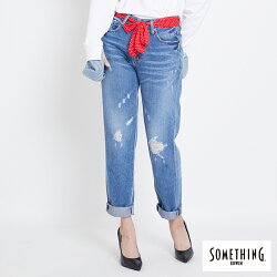 新品↘SOMETHING NEO FIT 手工破壞 寬直筒牛仔褲 (附綁帶) -女款 拔洗藍 WIDE LEG