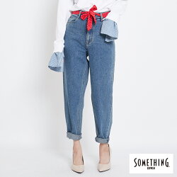 新品↘SOMETHING 復古水洗 高腰寬鬆AB牛仔褲 (附綁帶) -女款 中古藍 TAPERED