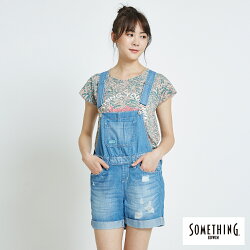 新品↘SOMETHING NEO FIT 破壞加工 牛仔吊帶短褲-女款 漂淺藍 OVERALL SHORTS