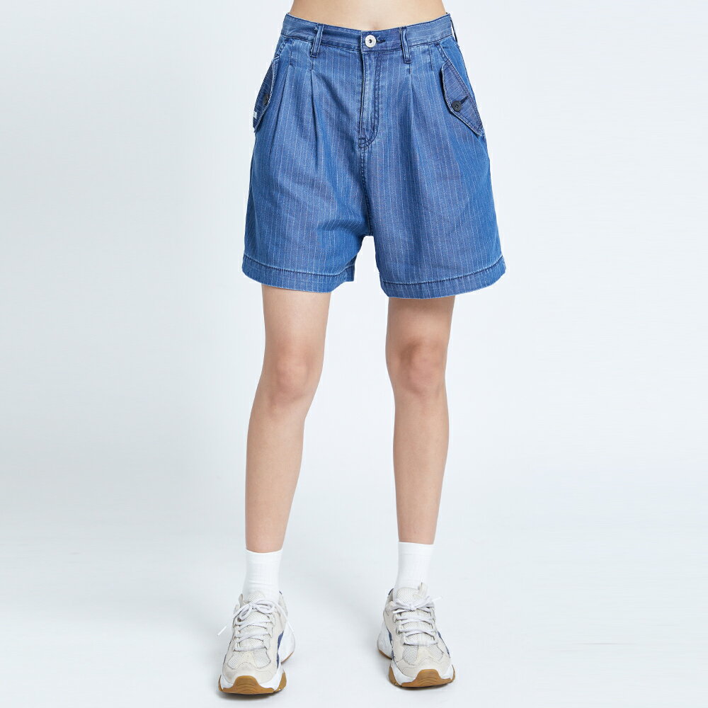 SOMETHING NEO FIT 袋蓋打摺條紋五分褲-女款 拔洗藍 SHORTS 1