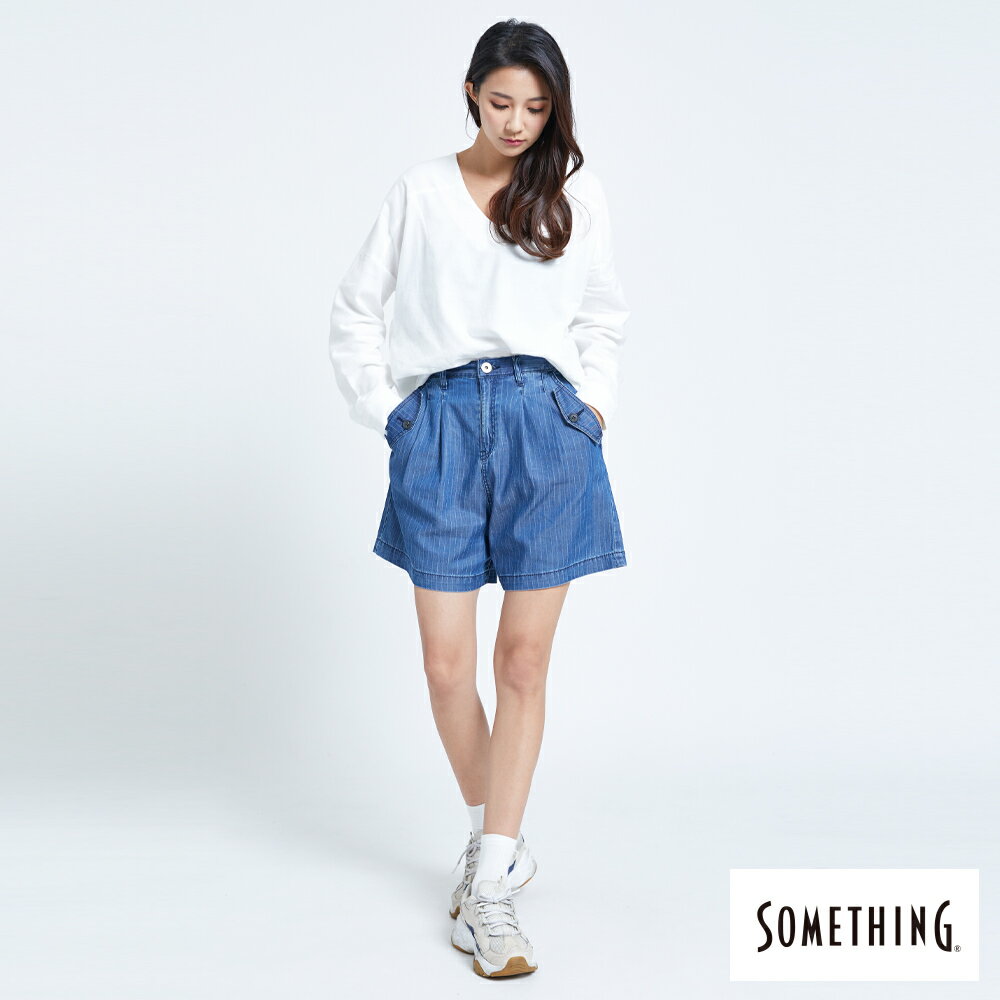 SOMETHING NEO FIT 袋蓋打摺條紋五分褲-女款 拔洗藍 SHORTS 5