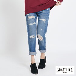 新品↘SOMETHING NEO FIT 補釘加工 AB牛仔褲-女款 中古藍 TAPERED