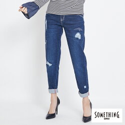 新品↘SOMETHING CELEB 補釘繡花 AB牛仔褲-女款 中古藍 TAPERED