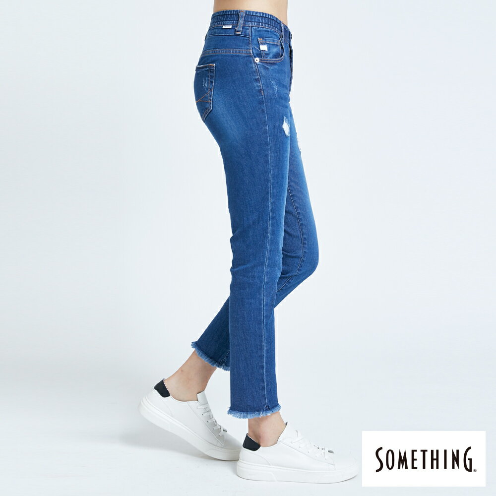 SOMETHING NEO FIT 內腰鬆緊帶九分牛仔褲-女款 中古藍 SLIM 3