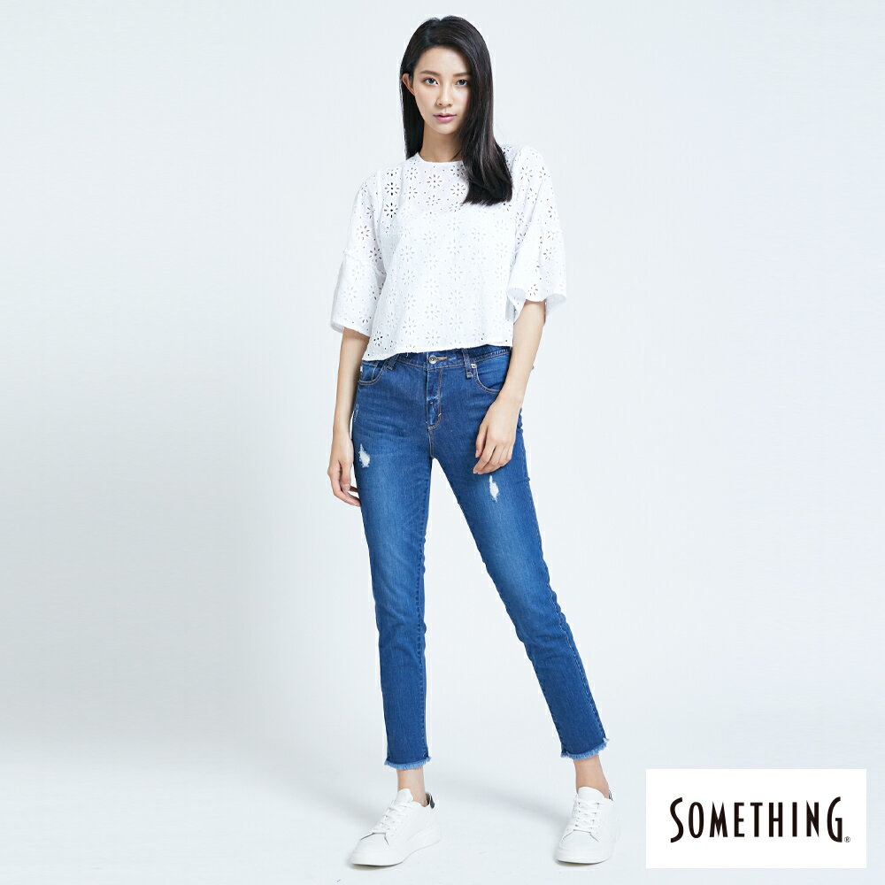 SOMETHING NEO FIT 內腰鬆緊帶九分牛仔褲-女款 中古藍 SLIM 5