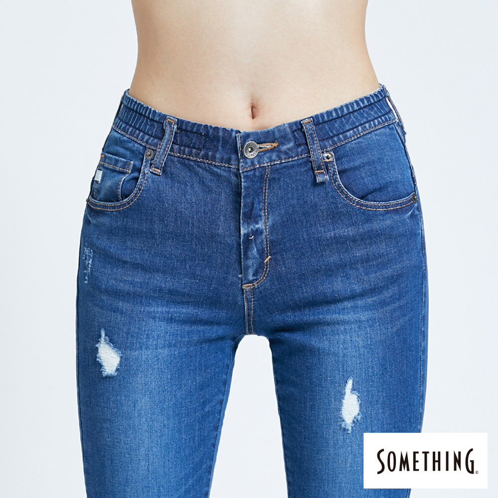 SOMETHING NEO FIT 內腰鬆緊帶九分牛仔褲-女款 中古藍 SLIM 6