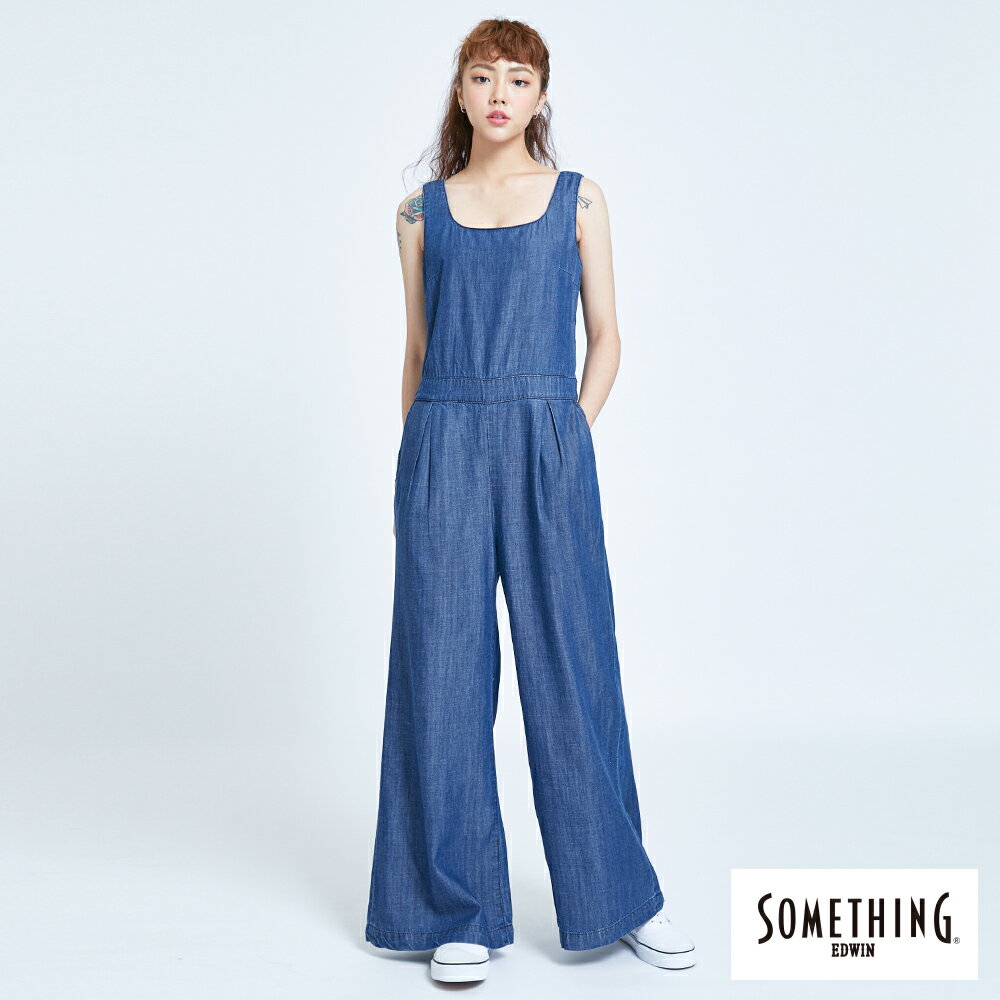 特降品↘SOMETHING 露背綁帶連身寬褲-女款 酵洗藍 OVERALL STRAIGHT #滿2件享折扣