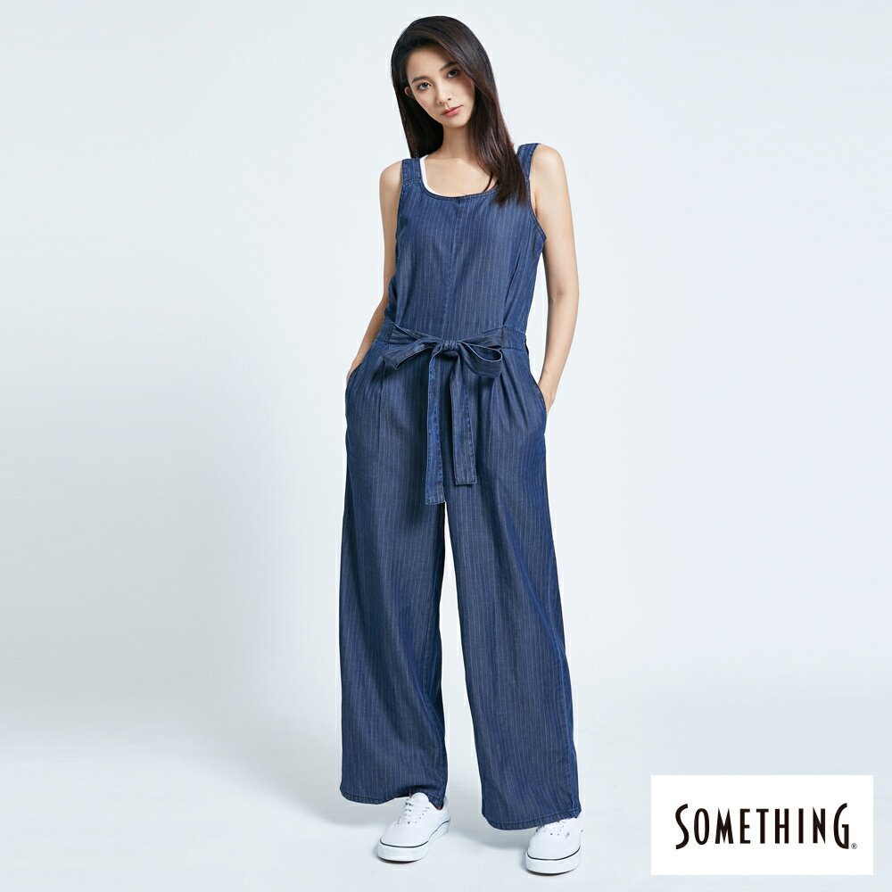 特降品↘SOMETHING NEO FIT 綁帶條紋連身寬褲-女款 酵洗藍 STRAIGHT #滿2件享折扣