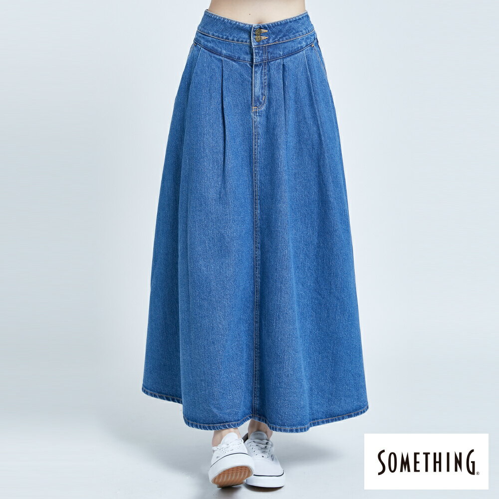 新品↘SOMETHING NEO FIT 打摺寬版牛仔圓裙-女款 中古藍 MIDI SKIRT