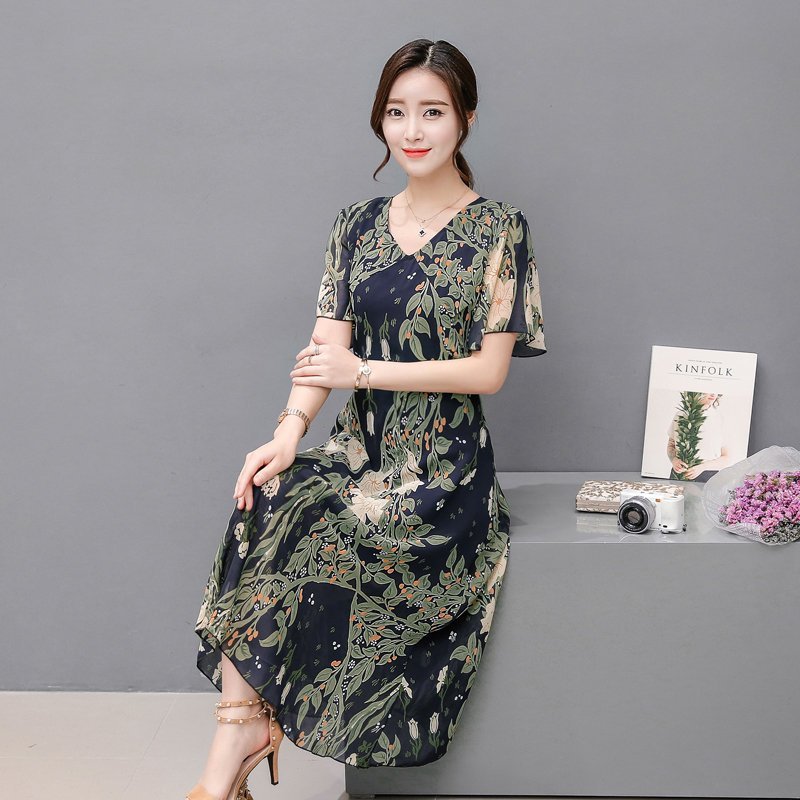 FINDSENSE G5 韓國時尚 夏季 氣質 長款 短袖 雪紡 裙子 印花 長裙 連身裙