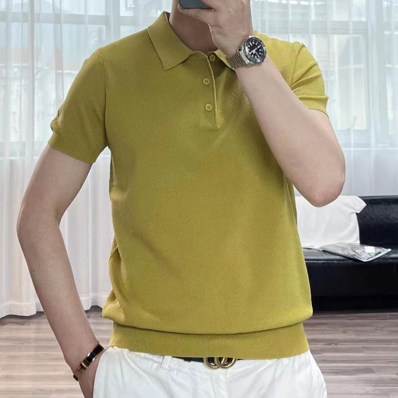 免運 短袖polo衫男 男士夏季新款歐版高端POLO衫商務輕奢時尚修身短袖菠蘿紋t恤純色-快速出貨