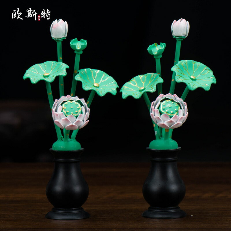 供佛花瓶佛前供花禪意模擬家居裝飾佛堂日式彩繪蓮花供佛擺件1對