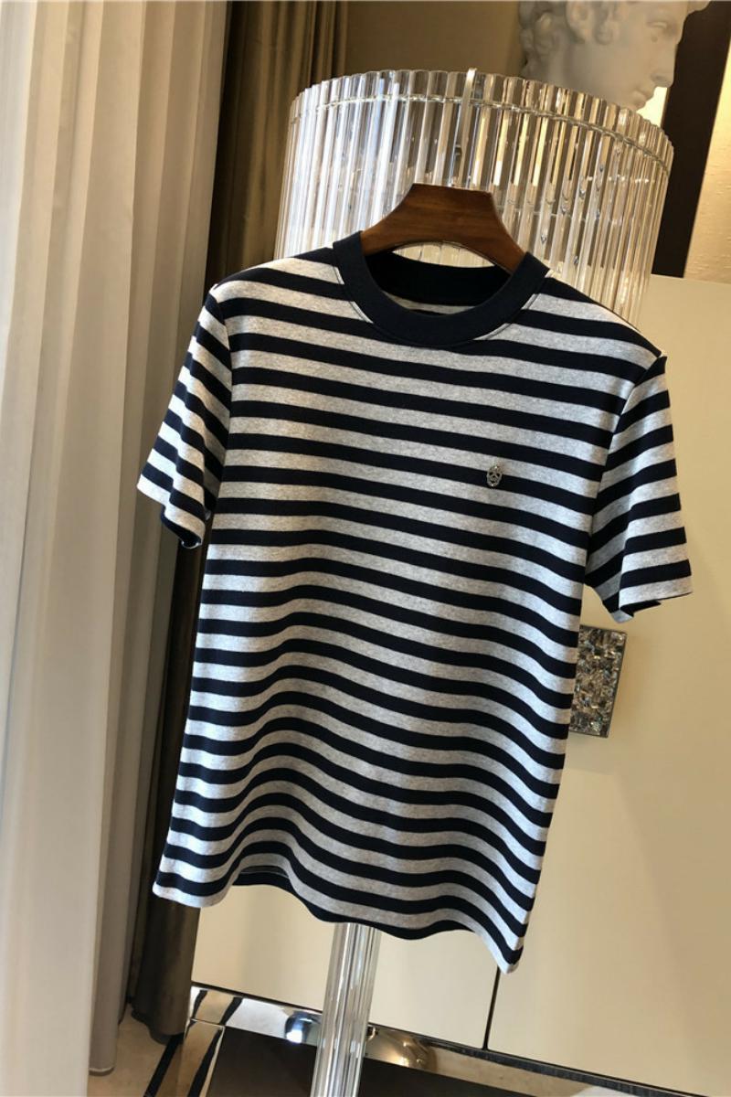 品牌折扣清貨撤櫃外貿女裝 鑲鉆骷髏頭純棉條紋T恤女圓領上衣