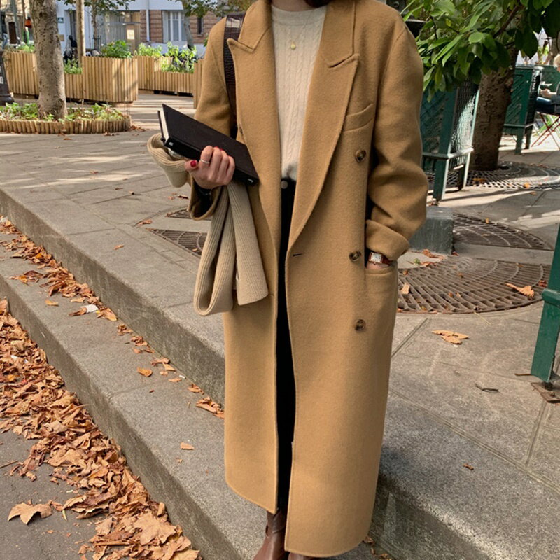 【巴黎精品】毛呢外套長款大衣-西裝領寬鬆雙排扣純色女外套3色p1at31