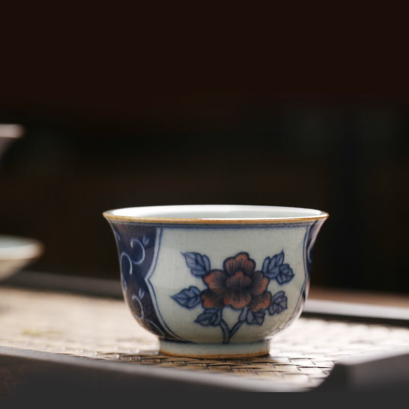 景德鎮東云老師手繪青花加彩牡丹情口杯茶杯復古開片陶瓷品茗杯