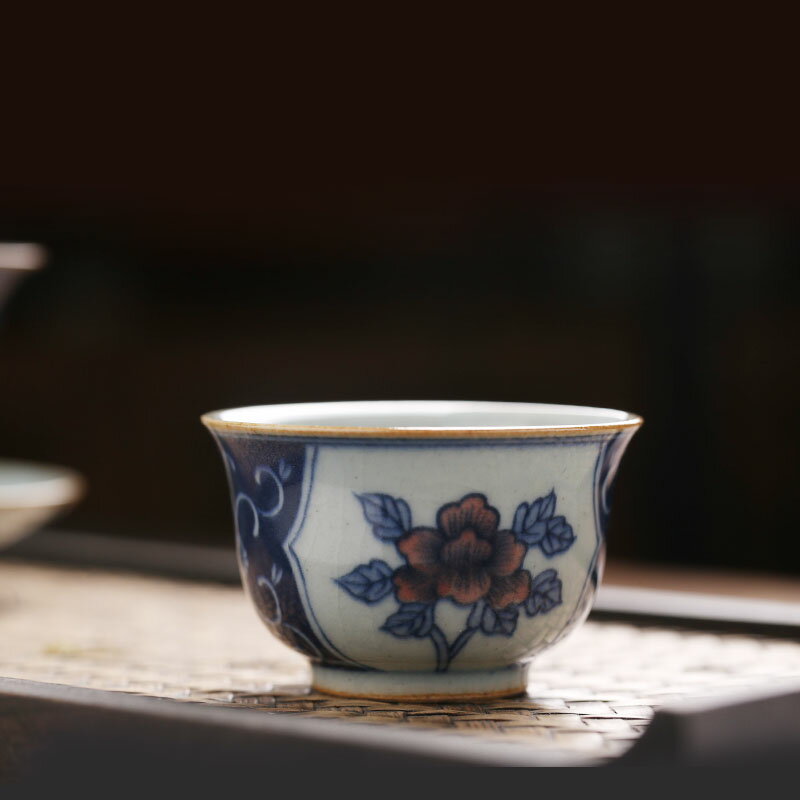 景德鎮東雲老師手繪青花加彩牡丹情口杯茶杯復古開片陶瓷品茗杯
