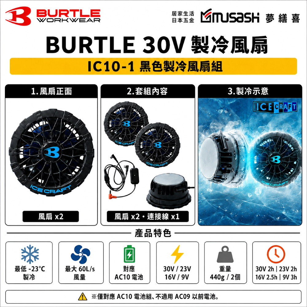 BURTLE 30V製冷風扇組 黑 IC10-1 巴特雷 保冷劑 作業服 戶外 降溫 露營 爬山 施工 工程作業 通風衣