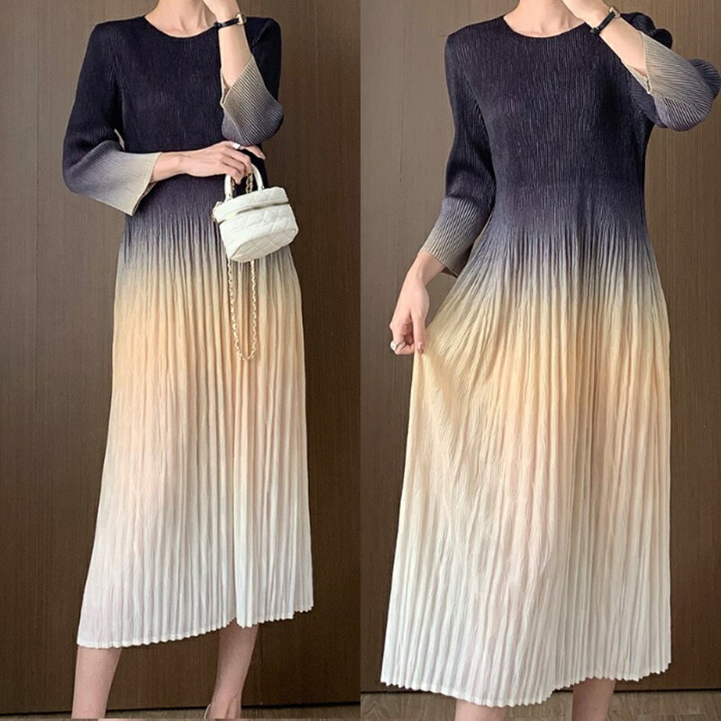 【巴黎精品】現貨+預購 三宅風皺褶衣服洋裝-長袖摺衣壓褶春秋設計感漸變打底折衣女裙子3色a1jq97