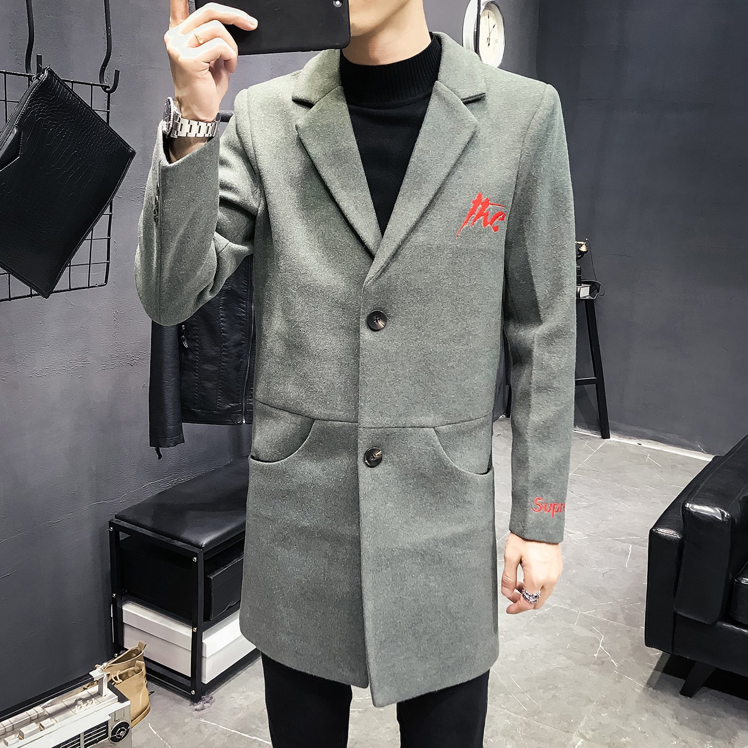 FINDSENSE品牌 秋冬季 新款 日本 男 高端 精緻刺繡 修身 時尚 毛呢 長款 風衣外套 潮流上衣外套