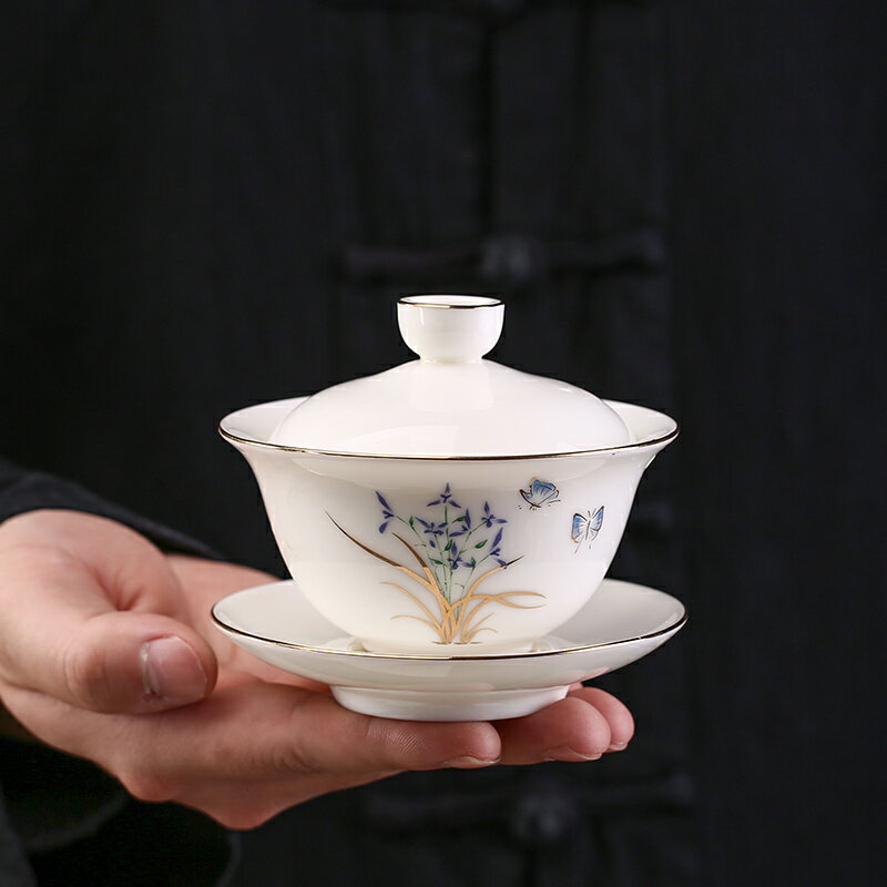 高檔羊脂玉瓷蓋碗三才碗陶瓷泡茶碗白瓷敬茶杯郁金香茶碗小號茶盞