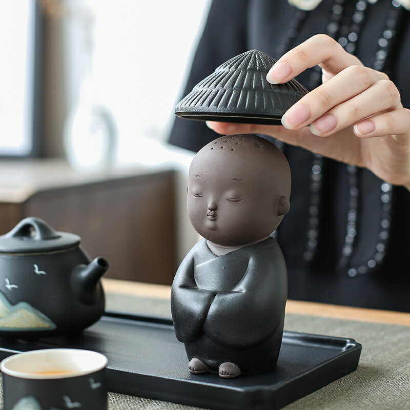 中式創意茶濾套組黑陶一體茶漏紫砂小和尚擺件茶葉過濾網茶道配件