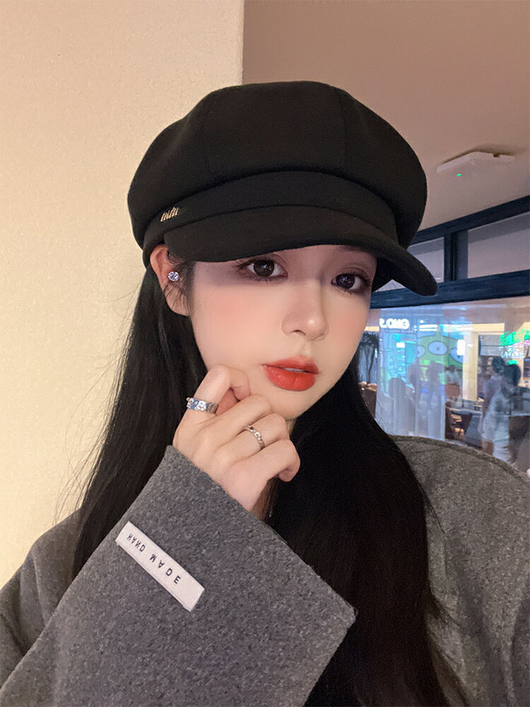 帽子女秋冬顯臉小黑色八角帽韓版潮2024新款百搭畫家帽鴨舌貝雷帽【雲木雜貨】